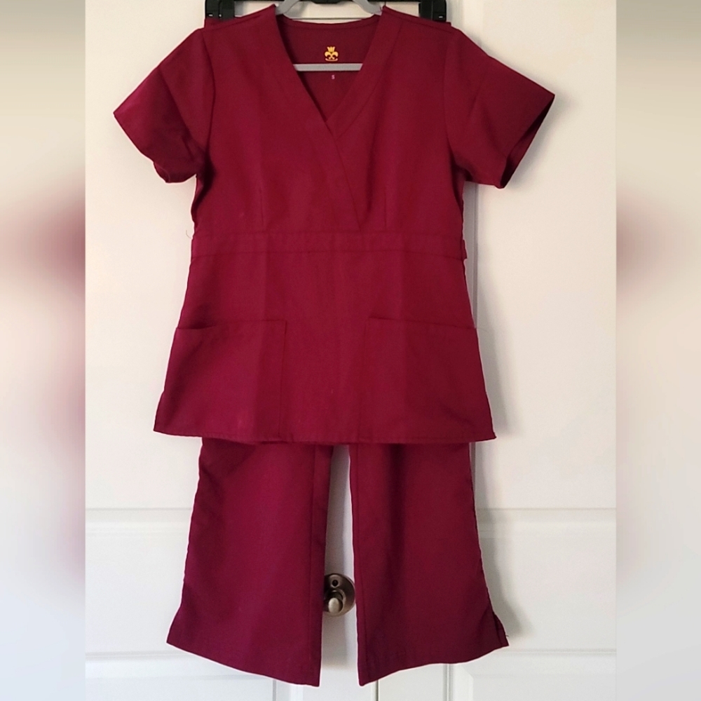 Women's Ultrasoft Scrubs Set, V Neck Top with pants, Size Small, Color Burgundy